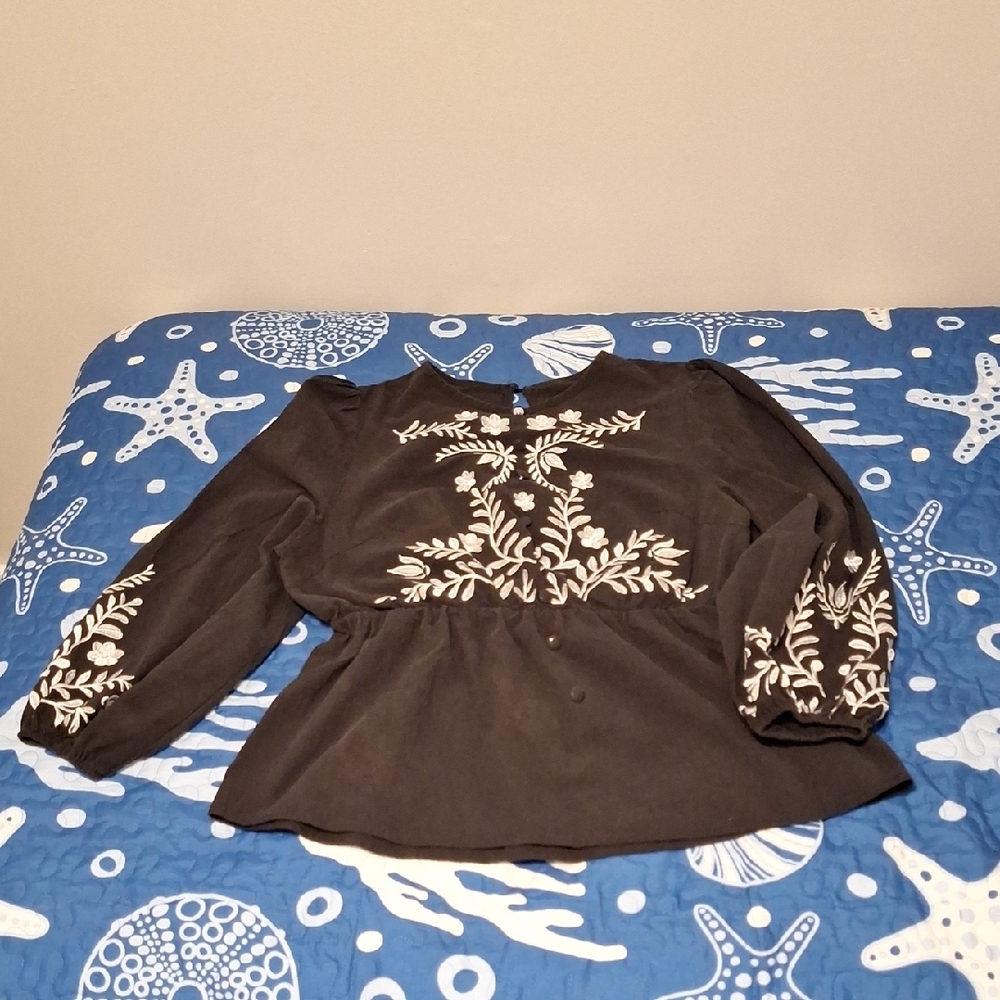 Chic Black Blouse with White Embroidery